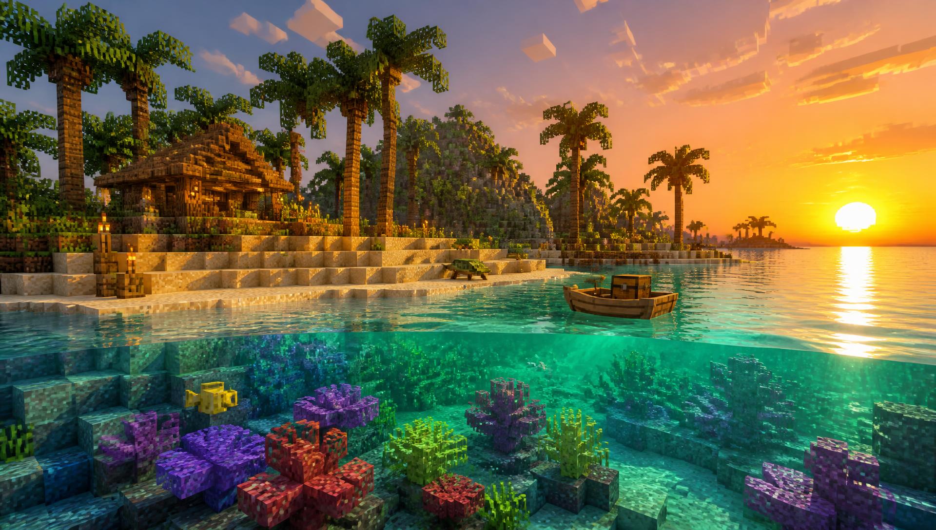 MineSea tropical island spawn at sunset with coral reef below the waterline